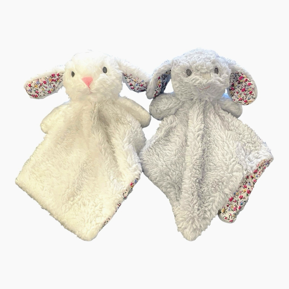 Lot of 2 K Luxe Kellytoy Bunny Rabbit Floral Loveys Rattle Baby Toy White Gray